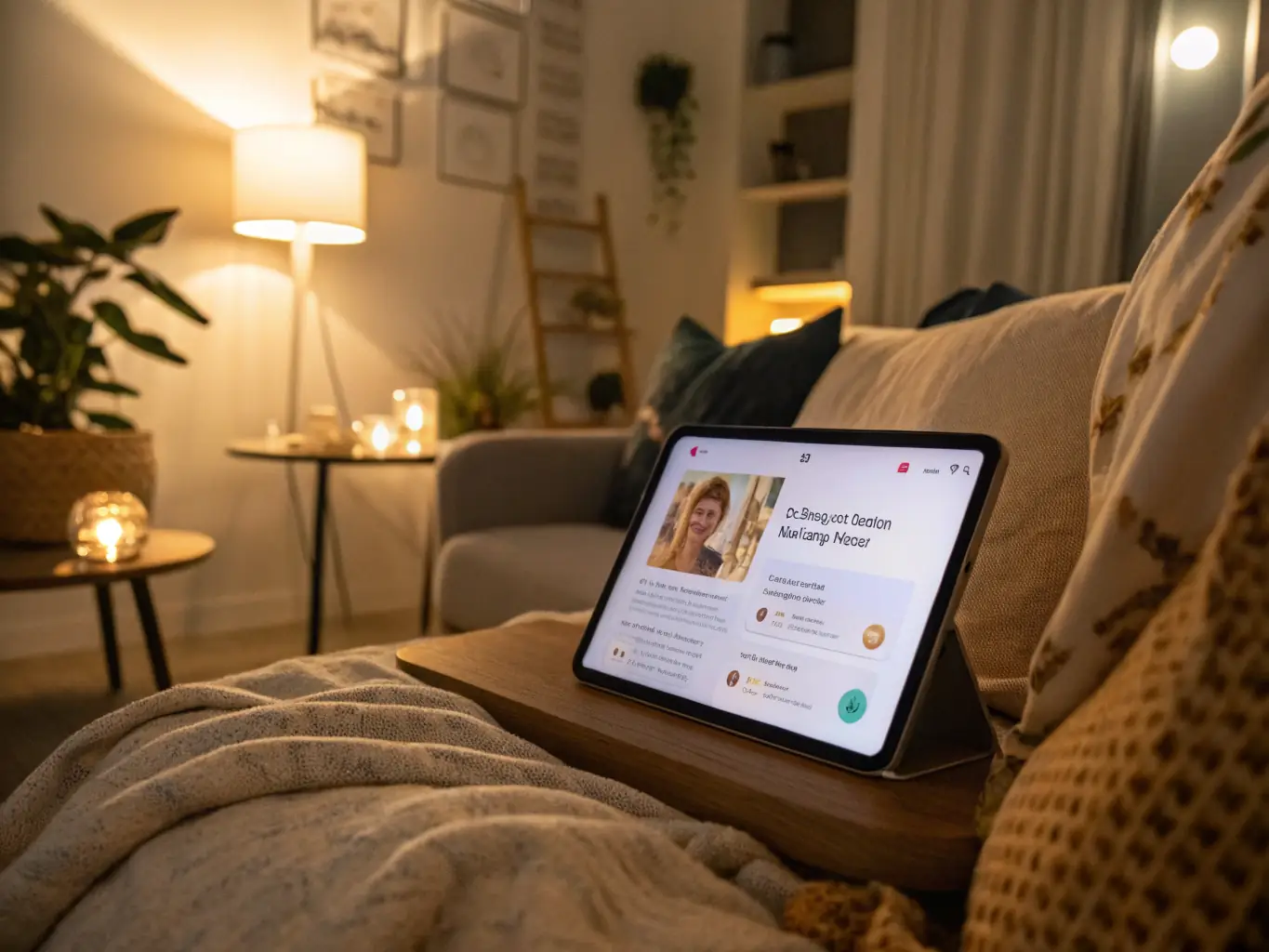 A calming image of a gamer using a mobile app for psychological counseling, featuring AI-driven support and stress relief tips.